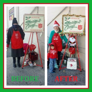 Pictured is Salvation Army volunteer Gloria Scoudt standing at a red kettle at the Boyer's Food Market in Lansford. Also pictured is Jason Jr. Westwood, son of Jason Westwood and Sara Hargreaves of Lansford.